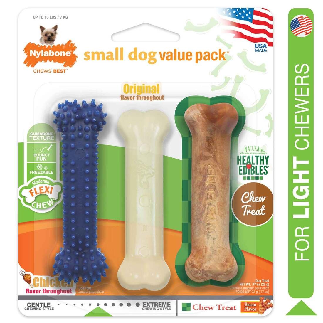 Nylabone Value Pack Dental Chew/Edible Bacon/Flexi Original 3 Count Dog Chew Toy
